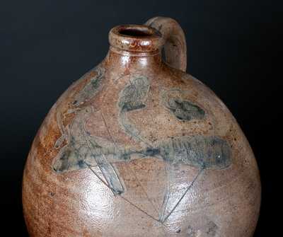 Unusual New York State Stoneware Jug w/ Incised Bird and Floral Decoration