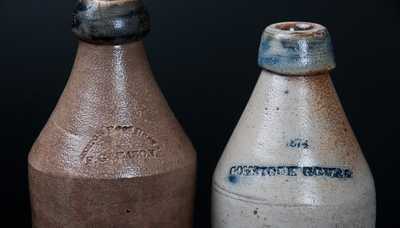 Lot of Two: Stoneware Bottles with Cobalt-Dipped Spouts, 1874 / COMSTOCK COVE and Boston Root Beer / F. GLEASON