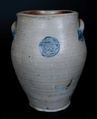 Rare Ovoid Stoneware Jar w/ Impressed Floral Medallion, Old Bridge, NJ, early 19th century