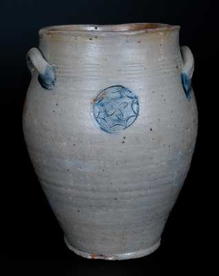 Rare Ovoid Stoneware Jar w/ Impressed Floral Medallion, Old Bridge, NJ, early 19th century