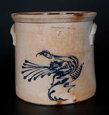 4 Gal. WHITES UTICA, NY Stoneware Crock w/ Slip-Trailed Fantail Bird Decoration