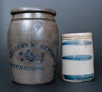 Lot of Two: Western PA Stoneware Jars incl. WILLIAMS & REPPERT / GREENSBORO, PA Jar, Three-Stripe Canning Jar