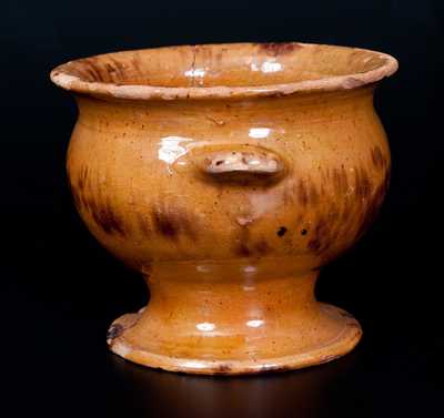 Unusual Pennsylvania Redware Sugar Bowl with Flower-Stamped Handles