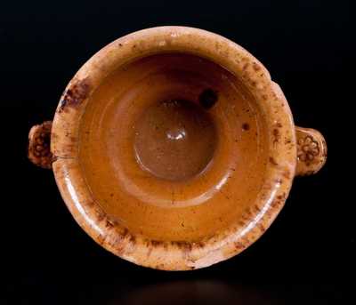 Unusual Pennsylvania Redware Sugar Bowl with Flower-Stamped Handles