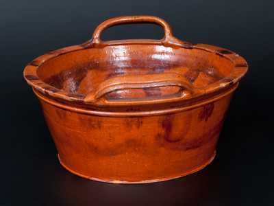 Large Redware Handled Tub with Manganese Stripes