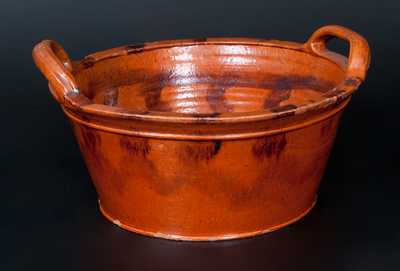 Large Redware Handled Tub with Manganese Stripes