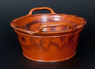 Large Redware Handled Tub with Manganese Stripes