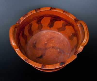 Large Redware Handled Tub with Manganese Stripes