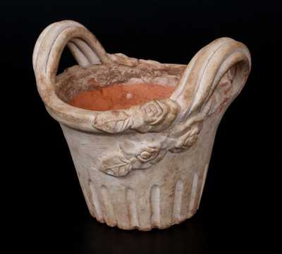 Unusual White Slip-Decorated Redware Flowerpot with Applied Leaves and Flowers