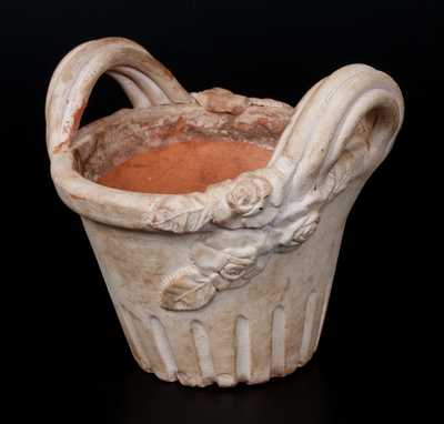 Unusual White Slip-Decorated Redware Flowerpot with Applied Leaves and Flowers