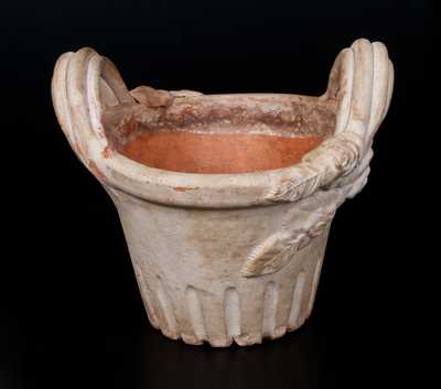 Unusual White Slip-Decorated Redware Flowerpot with Applied Leaves and Flowers