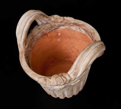 Unusual White Slip-Decorated Redware Flowerpot with Applied Leaves and Flowers