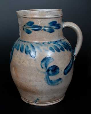 2 Gal. Bulbous Stoneware Pitcher with Hanging Tulip Decoration, Southeastern PA origin