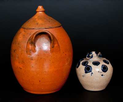 Lot of Two: North Carolina Redware incl. JUGTOWN Lidded Jar and Flower Frog att. Hilton Pottery