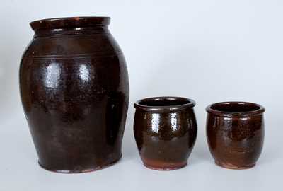Lot of Three: Manganese-Glazed Redware Jars incl. Example with "A. C." Scratched in Underside
