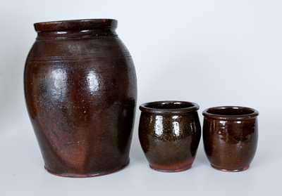 Lot of Three: Manganese-Glazed Redware Jars incl. Example with "A. C." Scratched in Underside