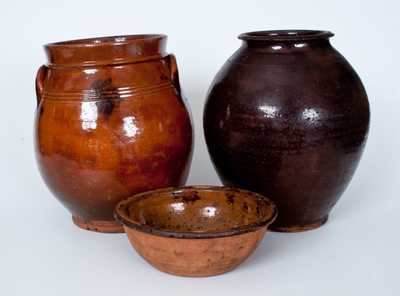 Lot of Three: Redware Vessels incl. Two Jars and One Bowl