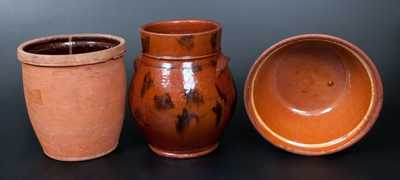 Lot of Three: Ovoid Baluster-Form Redware Jar, JOHN BELL / WAYNESBORO Redware Jar, Redware Bowl w/ Yellow-Slip Ring