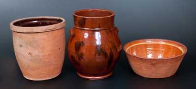 Lot of Three: Ovoid Baluster-Form Redware Jar, JOHN BELL / WAYNESBORO Redware Jar, Redware Bowl w/ Yellow-Slip Ring