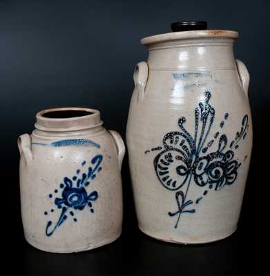 Lot of Two: WHITES UTICA Stoneware with Slip-Trailed Designs incl. 4 Gal. Churn