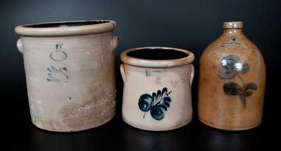 Lot of Three: GARDINER, ME Stoneware Crock with Impressed Swan, RIEDINGER & CAIRE Stoneware Jug, F. B.NORTON Stoneware Crock