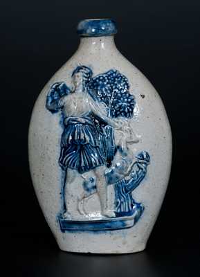 Extremely Rare and Important Stoneware Presentation Flask w/ Diana the Huntress and Deer, Delos Rogers, Sherburne, NY, 1853