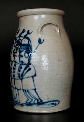 Exceptional Stoneware Churn w/ Detailed Decoration of Four Civil War Soldiers