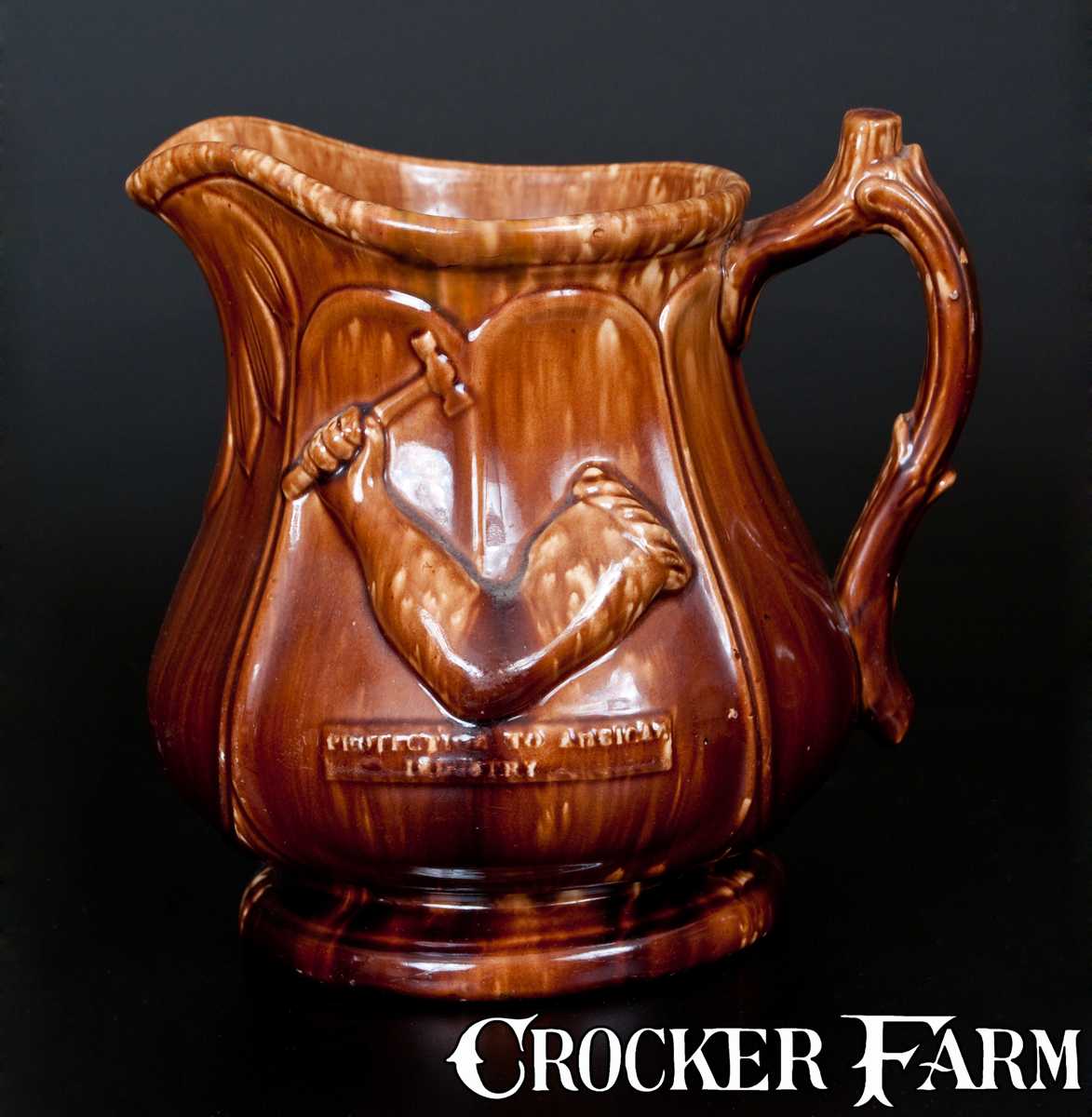 Antique Rockingham Pitcher Rare Rockingham Pitcher Inscribed PROTECTION TO AMERICAN INDUSTRY ...