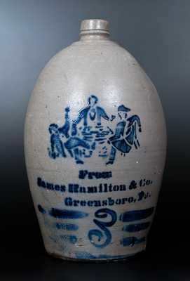 Very Rare HAMILTON & JONES / GREENSBORO, PA Stoneware Jug w/ Stenciled Figural Scene