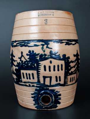 Exceptional J. & E. NORTON / BENNINGTON, VT Stoneware Water Cooler w/ House, Deer, and Bird-on-Stump Decoration