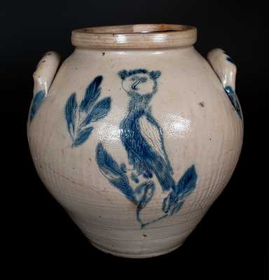 Very Rare Large Ovoid Stoneware Jar w/ Incised Owl and Birds Decoration, New York State, circa 1835