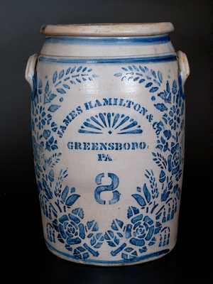 Rare JAMES HAMILTON & CO. / GREENSBORO / PA Eight-Gallon Stoneware Jar w/ Profuse Stenciled Floral Decoration