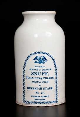 Rare CLEWS'S MANUFACTURER'S, Cobridge, England, circa 1820, Creamware Jar With Transfer-Printed Advertising for HEZEKIAH STARR / TOBACCO & CIGARS / BALTIMORE