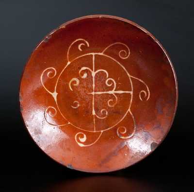  Huntington, Long Island Redware Plate w/ Elaborate Impressed Slip Decoration