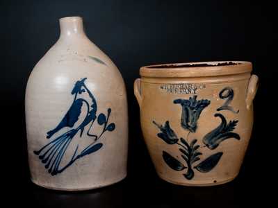 Lot of Two: WHITE & WOOD / BINGHAMTON, NY Bird Jug and GEDDES, NY Crock