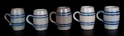 Lot of Five: Barrel-Shaped Stoneware Mugs with Coggled Bands