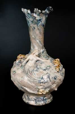 Monumental Stoneware Vase w/ Mermaids and Applied Rocks, America, c1890