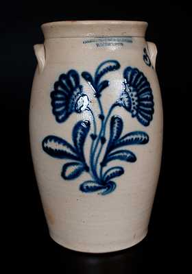 HARRINGTON & BURGER / ROCHESTER Stoneware Churn w/ Elaborate Slip-Trailed Floral Decoration