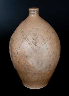 Ohio Stoneware Jug with Incised Masonic Symbol and Floral Design
