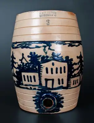 Exceptional J. & E. NORTON / BENNINGTON, VT Stoneware Water Cooler w/ House, Deer, and Bird-on-Stump Decoration