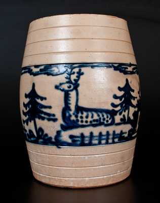 Exceptional J. & E. NORTON / BENNINGTON, VT Stoneware Water Cooler w/ House, Deer, and Bird-on-Stump Decoration