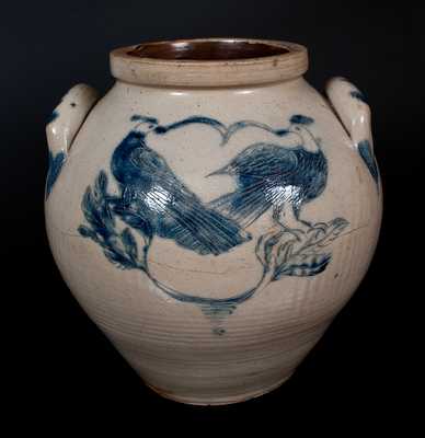Very Rare Large Ovoid Stoneware Jar w/ Incised Owl and Birds Decoration, New York State, circa 1835