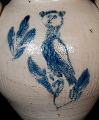 Very Rare Large Ovoid Stoneware Jar w/ Incised Owl and Birds Decoration, New York State, circa 1835