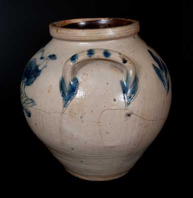 Very Rare Large Ovoid Stoneware Jar w/ Incised Owl and Birds Decoration, New York State, circa 1835