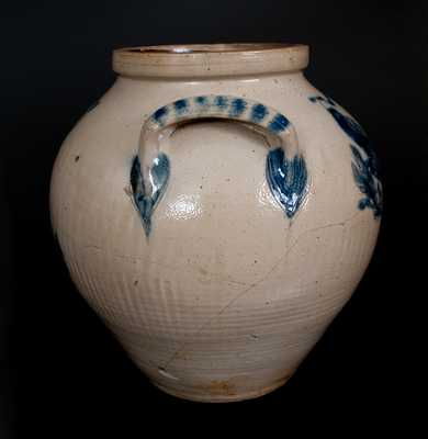 Very Rare Large Ovoid Stoneware Jar w/ Incised Owl and Birds Decoration, New York State, circa 1835