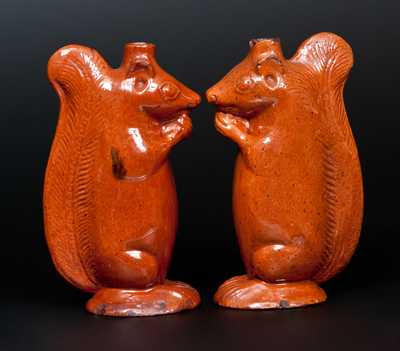 Very Rare Pair of Redware Figural Squirrel Bottles, att. Rudolph Christ, Salem, NC, 1804-29
