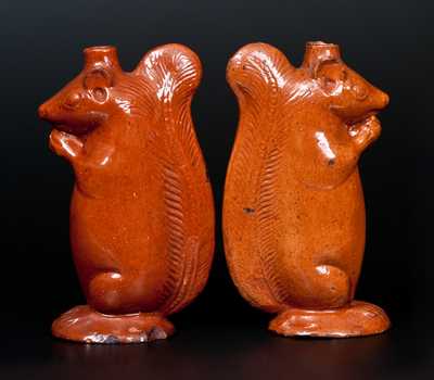 Very Rare Pair of Redware Figural Squirrel Bottles, att. Rudolph Christ, Salem, NC, 1804-29