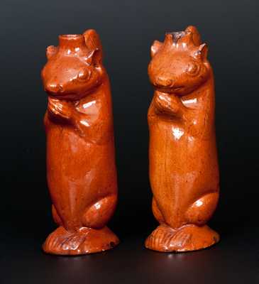 Very Rare Pair of Redware Figural Squirrel Bottles, att. Rudolph Christ, Salem, NC, 1804-29
