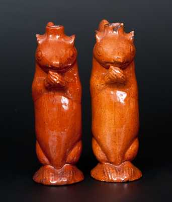 Very Rare Pair of Redware Figural Squirrel Bottles, att. Rudolph Christ, Salem, NC, 1804-29