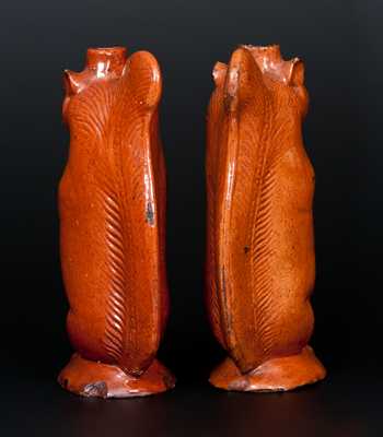 Very Rare Pair of Redware Figural Squirrel Bottles, att. Rudolph Christ, Salem, NC, 1804-29